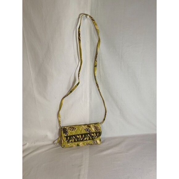 Maggi B Quilted Green & Brown Leaf Patter Quilted Tri-Fold Crossbody Wallet - Picture 2 of 8